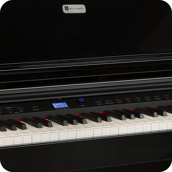 Williams Overture 2 digital grand piano keys close up.