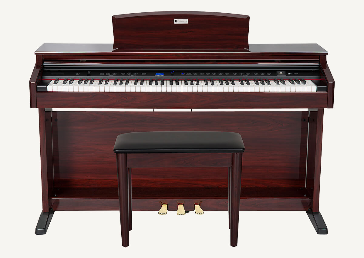 Williams Overture 2 digital grand piano mahogany front.