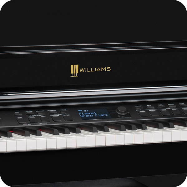 Williams Overture III digital console piano black close up.