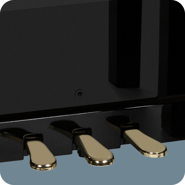 Williams Overture III digital console piano black pedal close up.