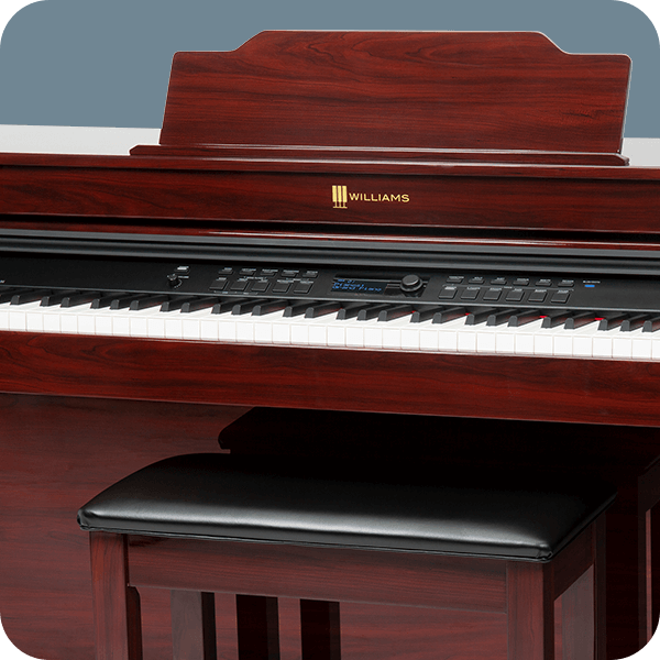 Williams Overture III digital console piano red mahogany close up.