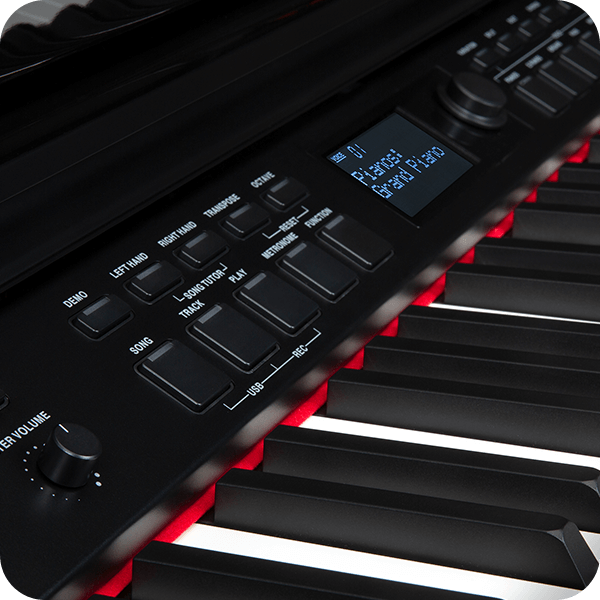 Williams Overture III digital console piano control panel close up.