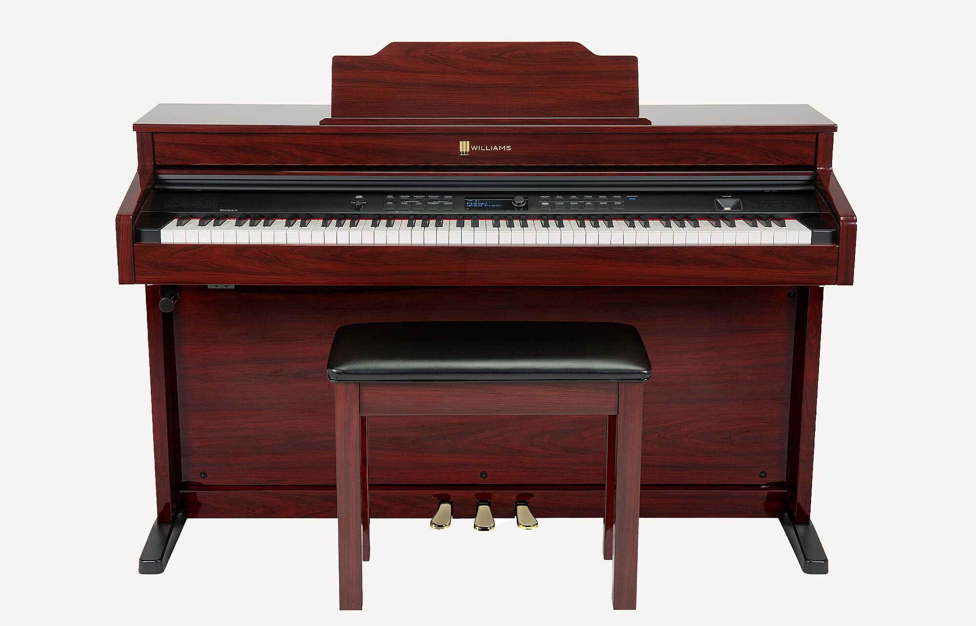 Williams Overture III digital console piano red mahogany front.