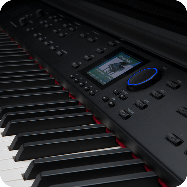 Williams Symphony grand digital grand piano keys and panel close up.