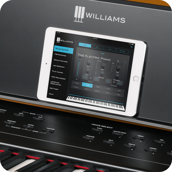 Williams Allegro III digital piano with Williams Piano app on iPad.