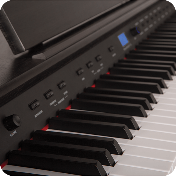 Williams Rhapsody II digital piano keys and panel close up.