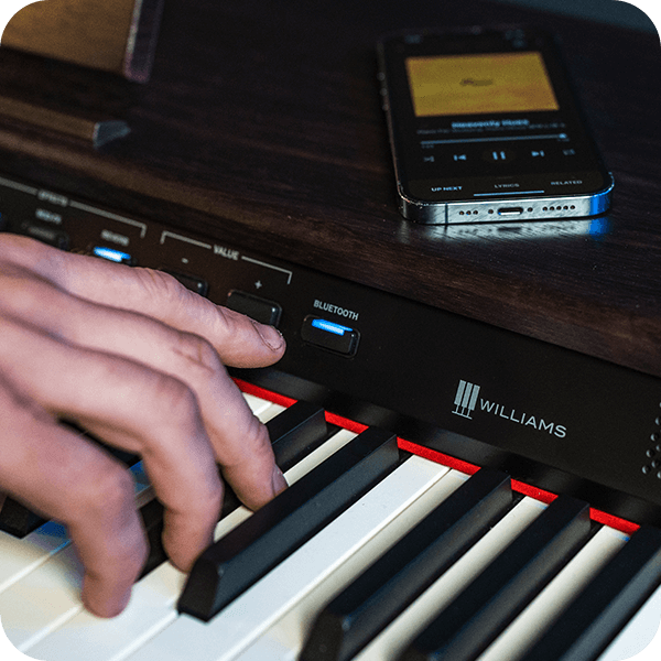 William Rhapsody III digital piano close up bluetooth panel close up.