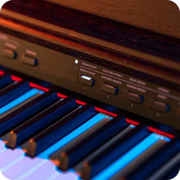 Williams Rhapsody III digital piano close up on keys and control panel.