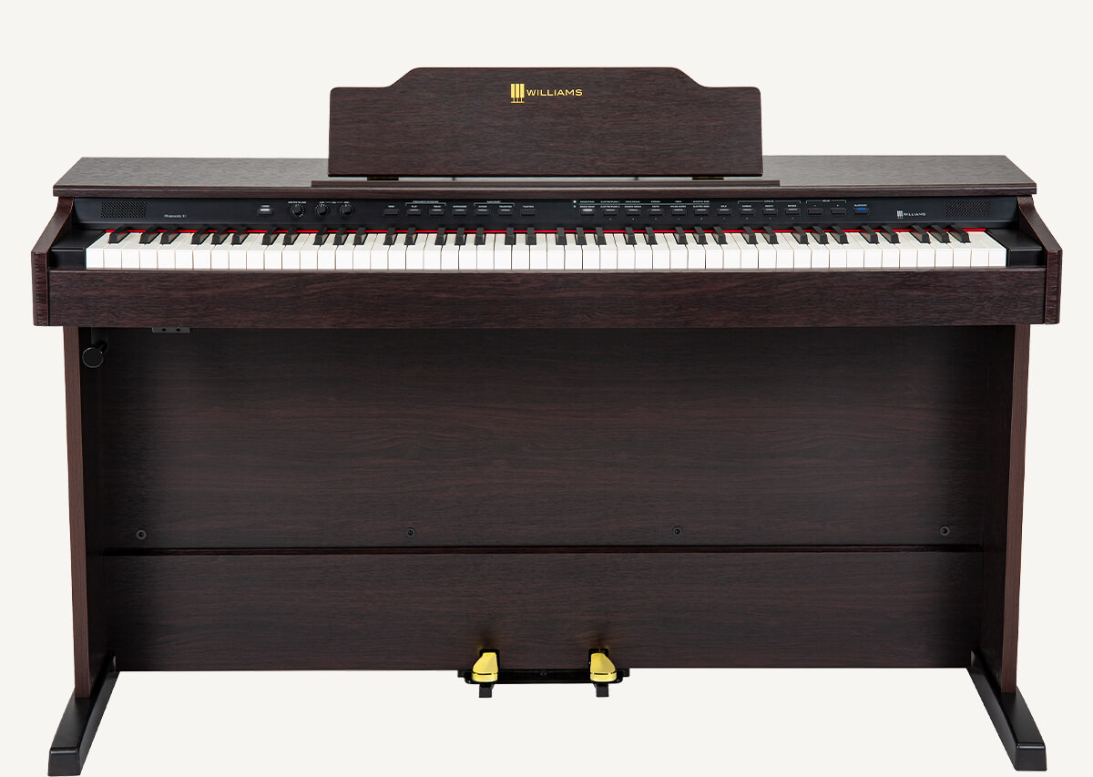 Williams Rhapsody III digital piano walnut front.