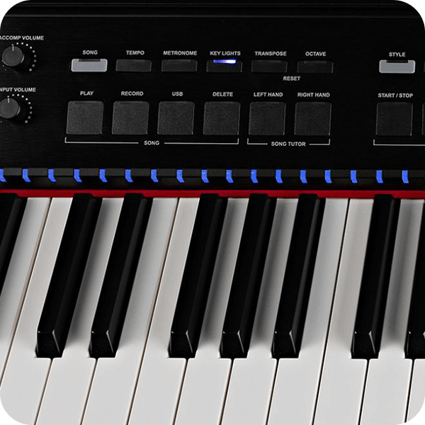 Williams Symphony Grand 2 digital grand piano keys and control panel close up.