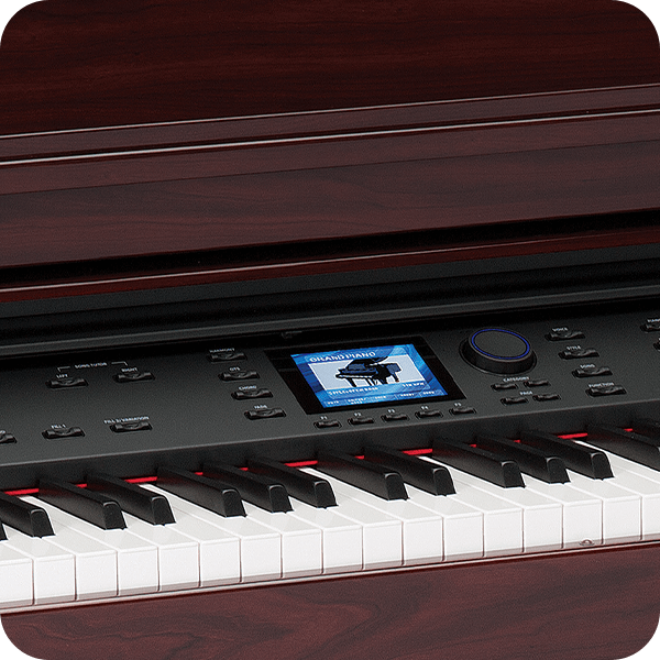 Williams Symphony Grand digital grand piano keys close up.