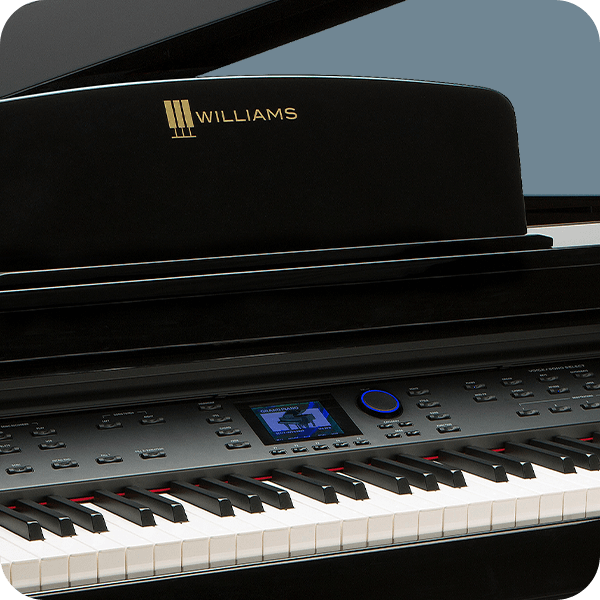 Williams Symphony Grand digital grand piano black keys close up.