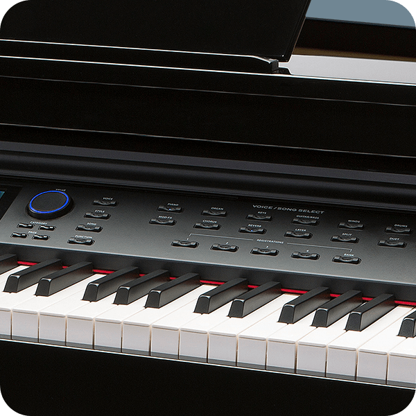 Williams Symphony Grand digital grand piano keys close up.